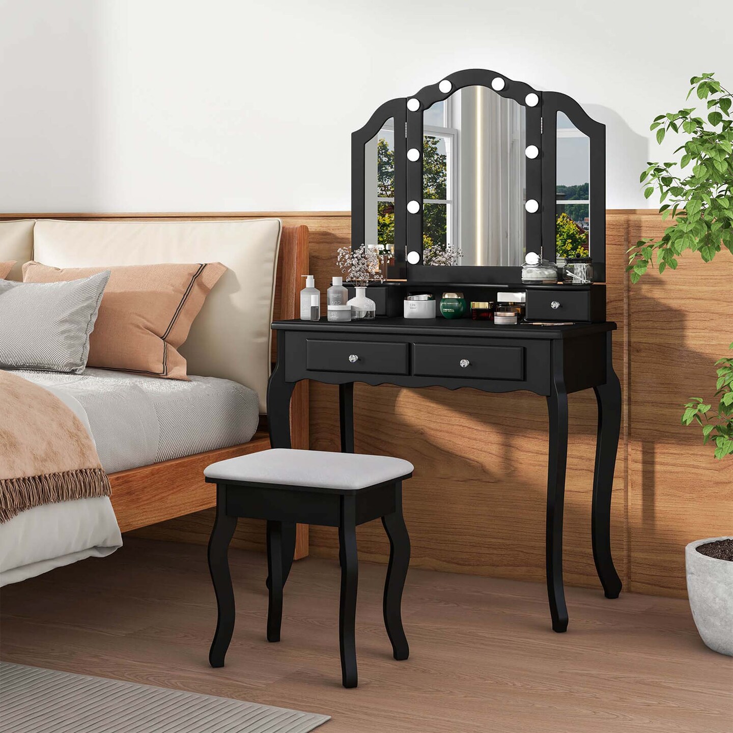 Costway Makeup Vanity Set with Tri-Fold Mirror & LED Lights 4 Drawers Open Shelf White/Black