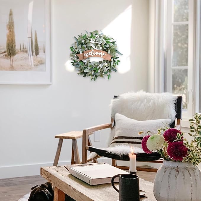 22 Inch Spring Everyday Lamb Ears Leaves Wreath with White Wild Flowers and Berries for Front Door, Welcome Wood Sign Green Leaves Wreath for Indoor Outdoor, Everyday Leaves Home Decor