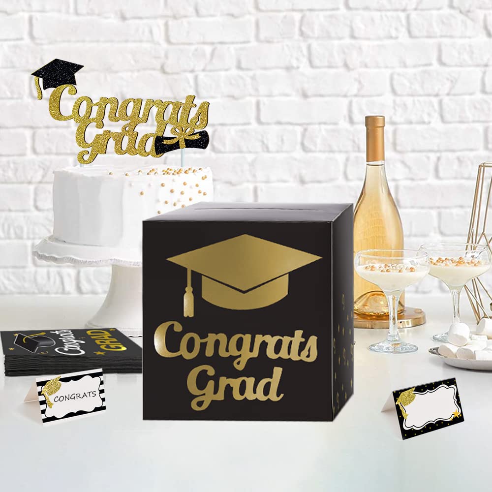 Graduation Card Box Holder, Congrats Grad Foldable Cardboard Decorations Box for Graduation Party Decoration and Grad Parties (Black)