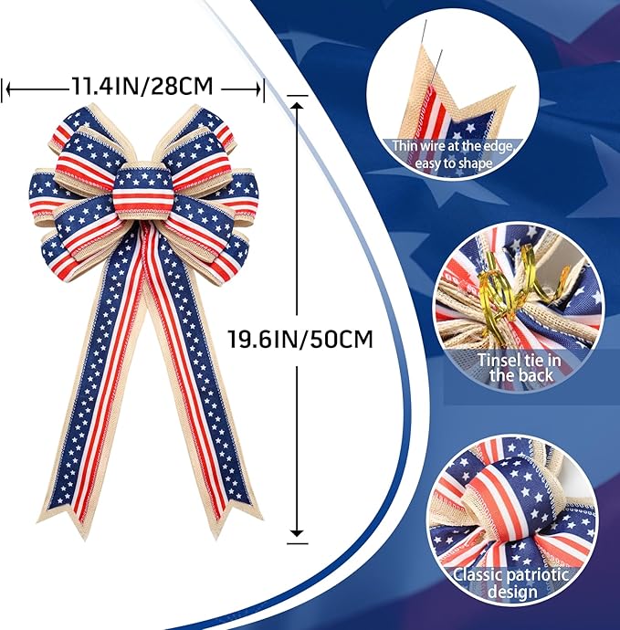 2 Pcs Patriotic Burlap Wreath Bows - Large American Flag Stars and Stripes Bow for 4th of July, Memorial Day, and 250th Anniversary - Red White and Blue Indoor/Outdoor Decor for Trees, Wreaths, and Porches
