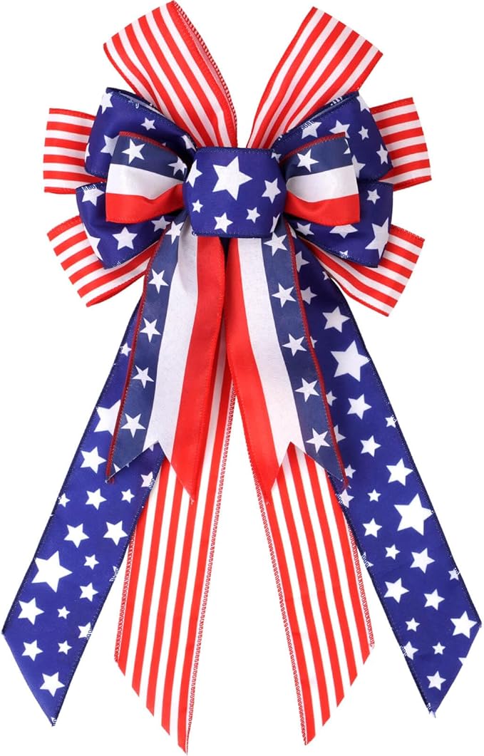 Large Patriotic American Flag Bow for Wreaths - 4th of July Stars and Stripes Wired Edge Ribbon - Red White and Blue USA Decorative Bow for Memorial Day, Veterans Day, & Front Door Decor