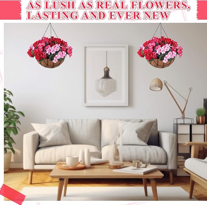 2 Pack Artificial Hanging Flowers in Basket Fake Porch Plants Artificial Hydrangea Arrangement in 12 Inch Coconut Lining Hanging Basket Flower for Outdoors Indoors(Mixed Colors)
