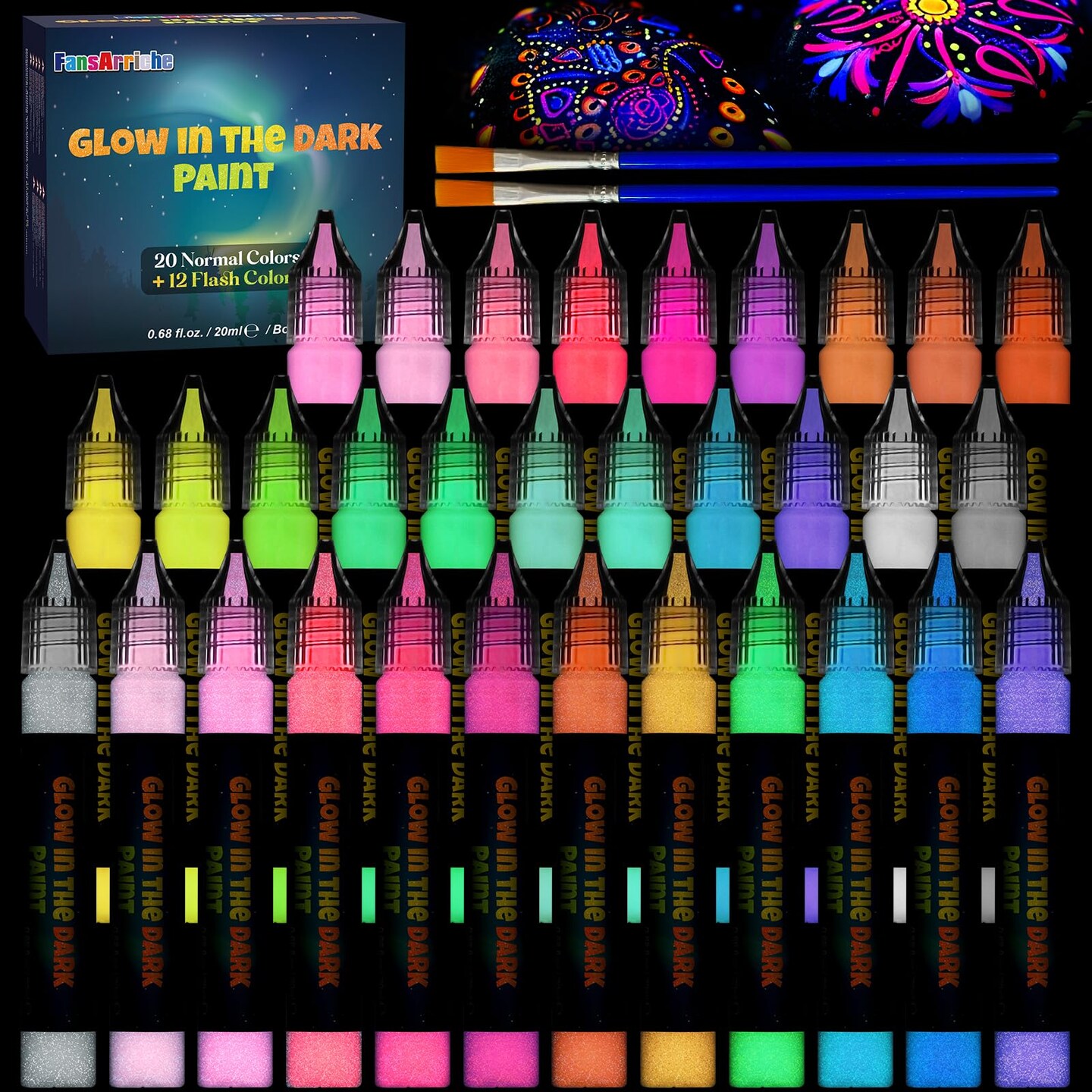 Glow in the Dark Fabric Paint, 32 Colors Neon Acrylic Paint for DIY Crafts, Halloween, Christmas Decorations, Luminous Paint for Clothes, Wood, Canvas, Rock, 20 ml/Bottle