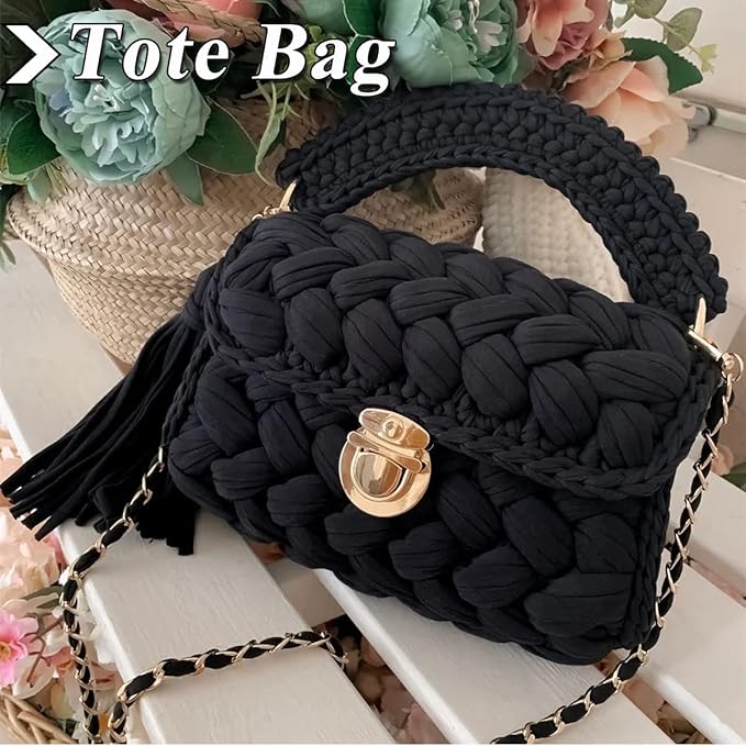 T-Shirt Yarn 130 Yards Knitting Yarn Fabric Crochet Cloth Solid Color Tshirt Yarn for Crocheting Beginners DIY Hand Craft Bag Blanket Cushion Projects (Black)