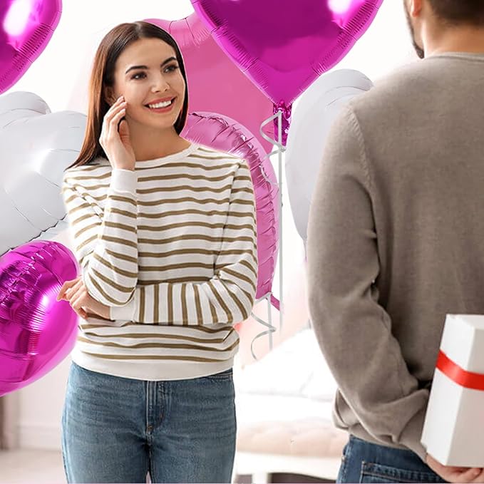 30Pcs 18 Inch Pink White Heart Balloons Hot Pink Heart Shape Foil Mylar Balloons Decoration for Birthday Valentine's Day Wedding Bridal Shower Anniversary Engagement Party Supplies