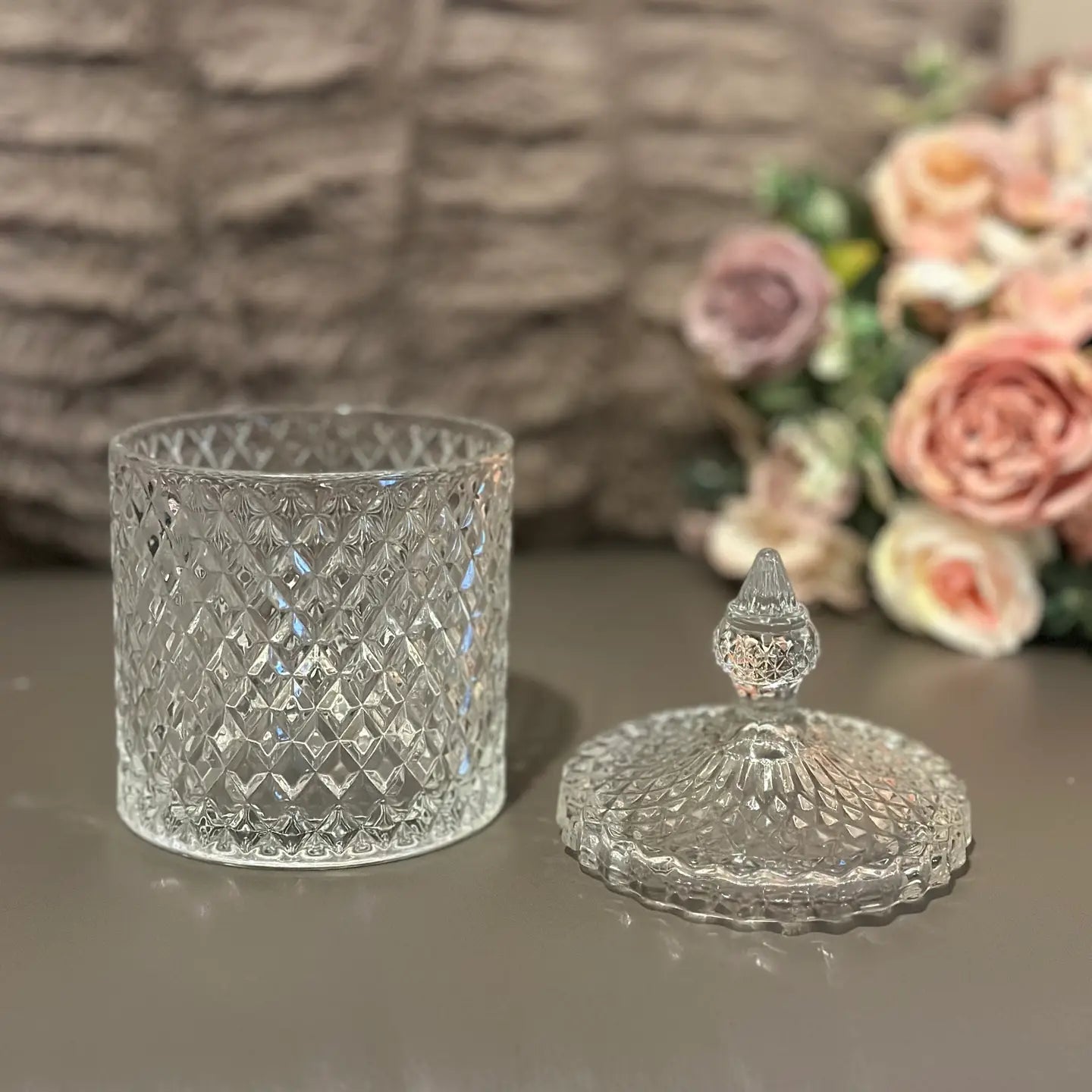 Diamond Cut Glass Storage Jar with Lid Clear Candy Jewelry Organizer Decor