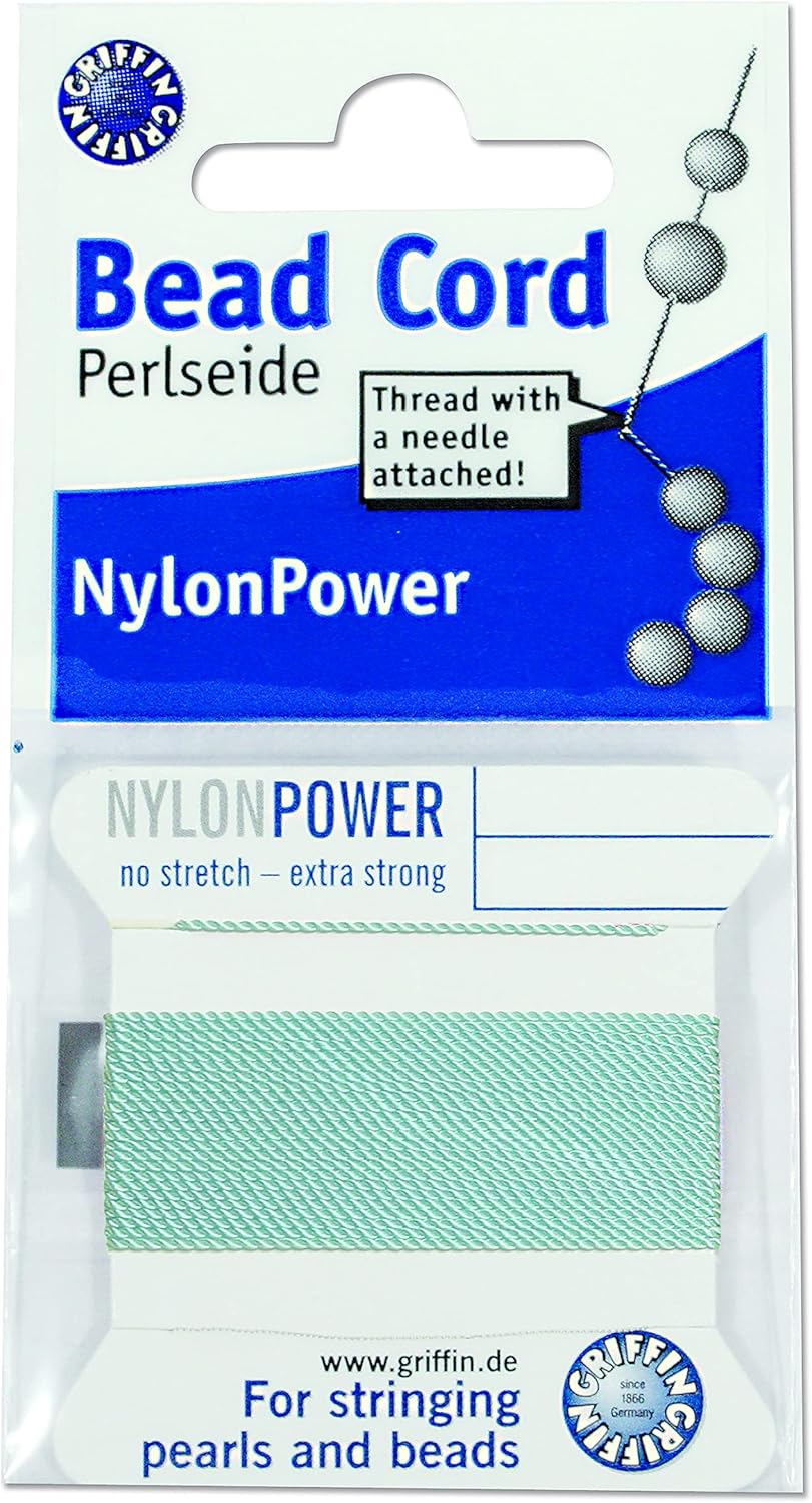 Griffin Nylon Bead Cord Perlseide – Size 14 (1.02mm) – 2 Meters per Card – Stainless Steel Needle Attached – for Knotting Pearls, Gemstones, Crystals and Beads