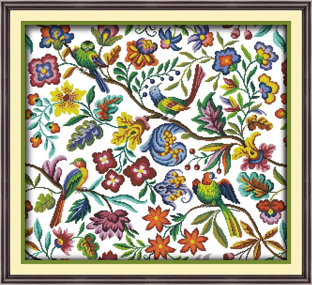 Counted Cross Stitch Embroidery Kit for Adults & Beginners – Birds, Flowers & Fragrance Design | 14CT White Fabric | DIY Needlepoint Craft Kit with DMC Threads, Needle, Pattern & English Instructions (No Pre-Printed Canvas)