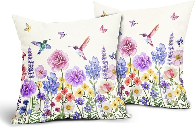 Hummingbird Flower Pillow Covers 18"x18" Spring Herb Floral Cotton Linen Throw Pillowcases Set of 2 Watercolor Wildflowers Butterfly Cuchion Covers Sofa Couch Patio Seasonal Decor