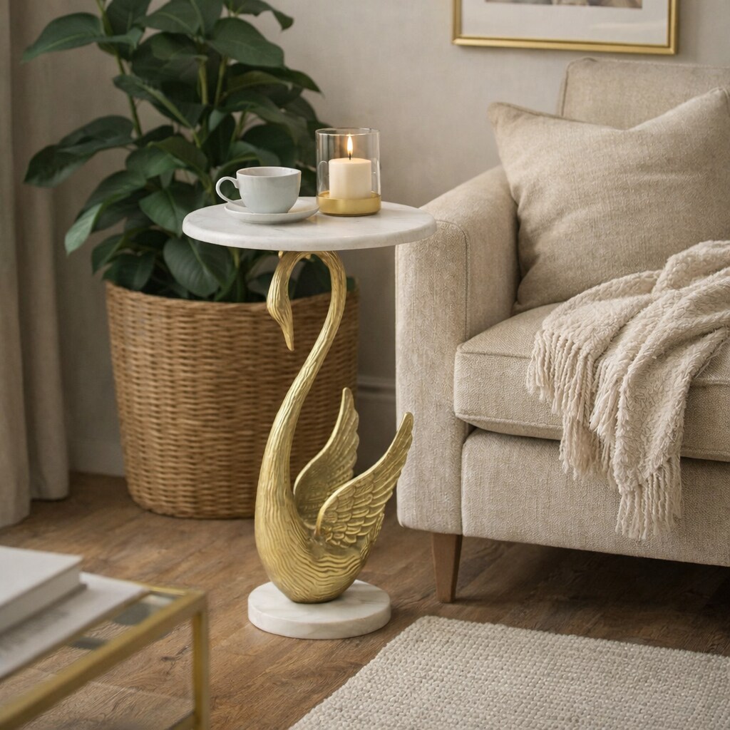 Horse Side Table with White Marble Top | Decorative Sculptural End Table | Aluminum Base | Gold Accent Table for Living Room | 16x16x23.75"