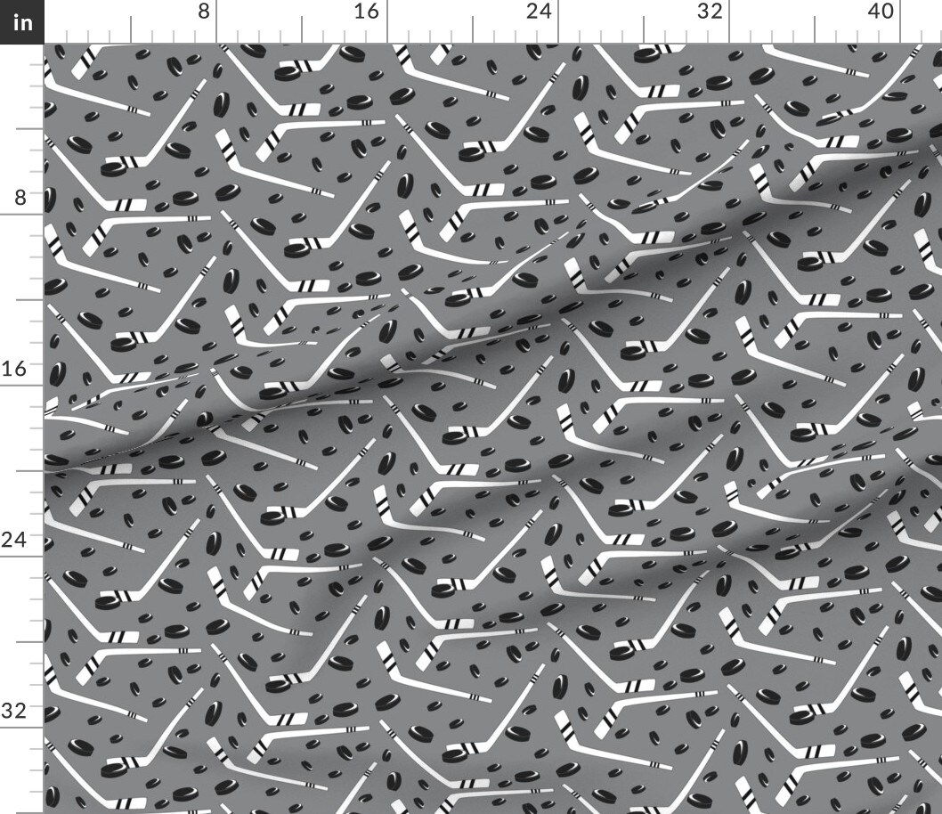 Hockey Sports Pucks Sticks Black White Custom Printed Fabric by Spoonflower Various Fabrics by the Yard or Fat Quarter