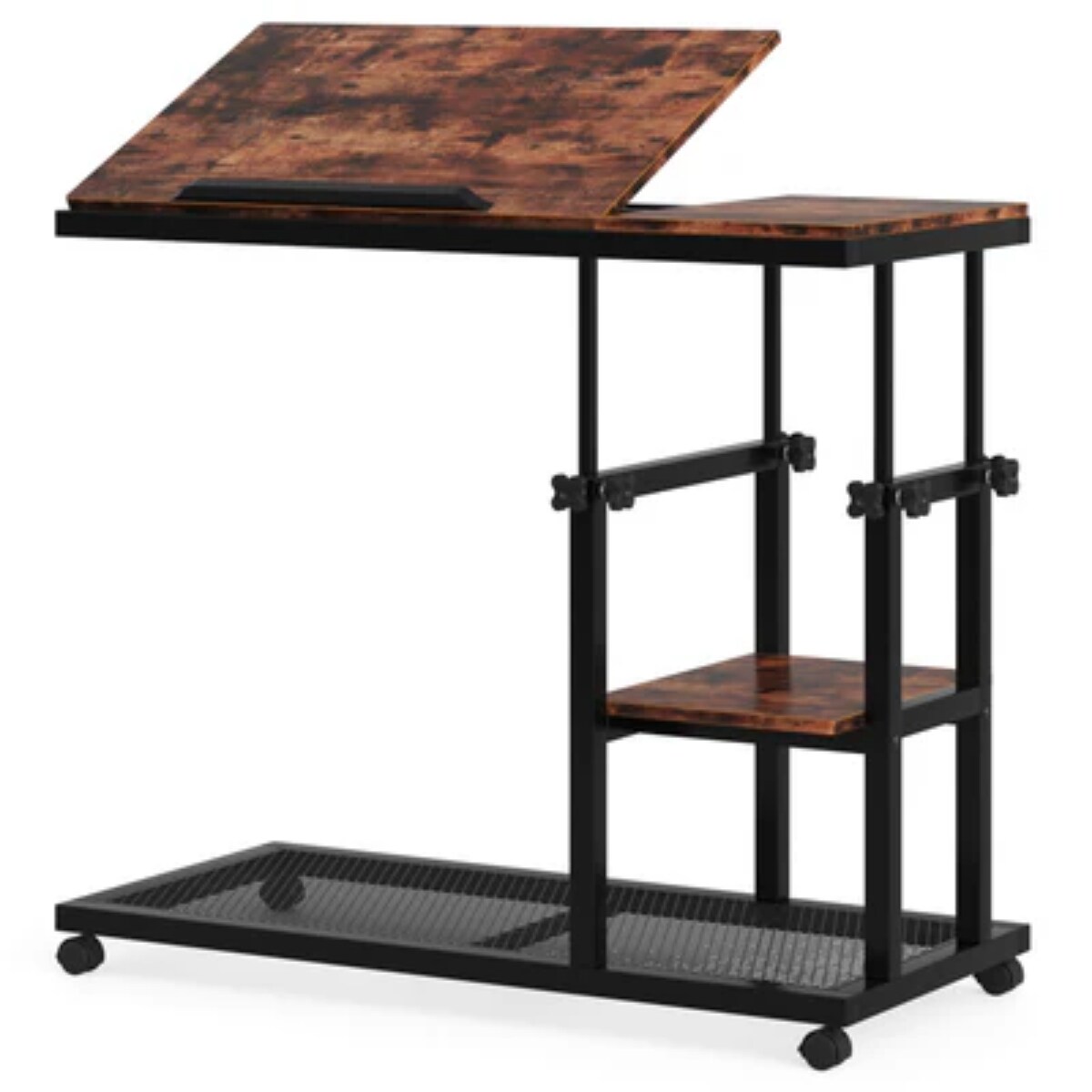 Adjustable Height C Shaped Rolling Table Tilting Top Laptop Snack Side Table with Wheels