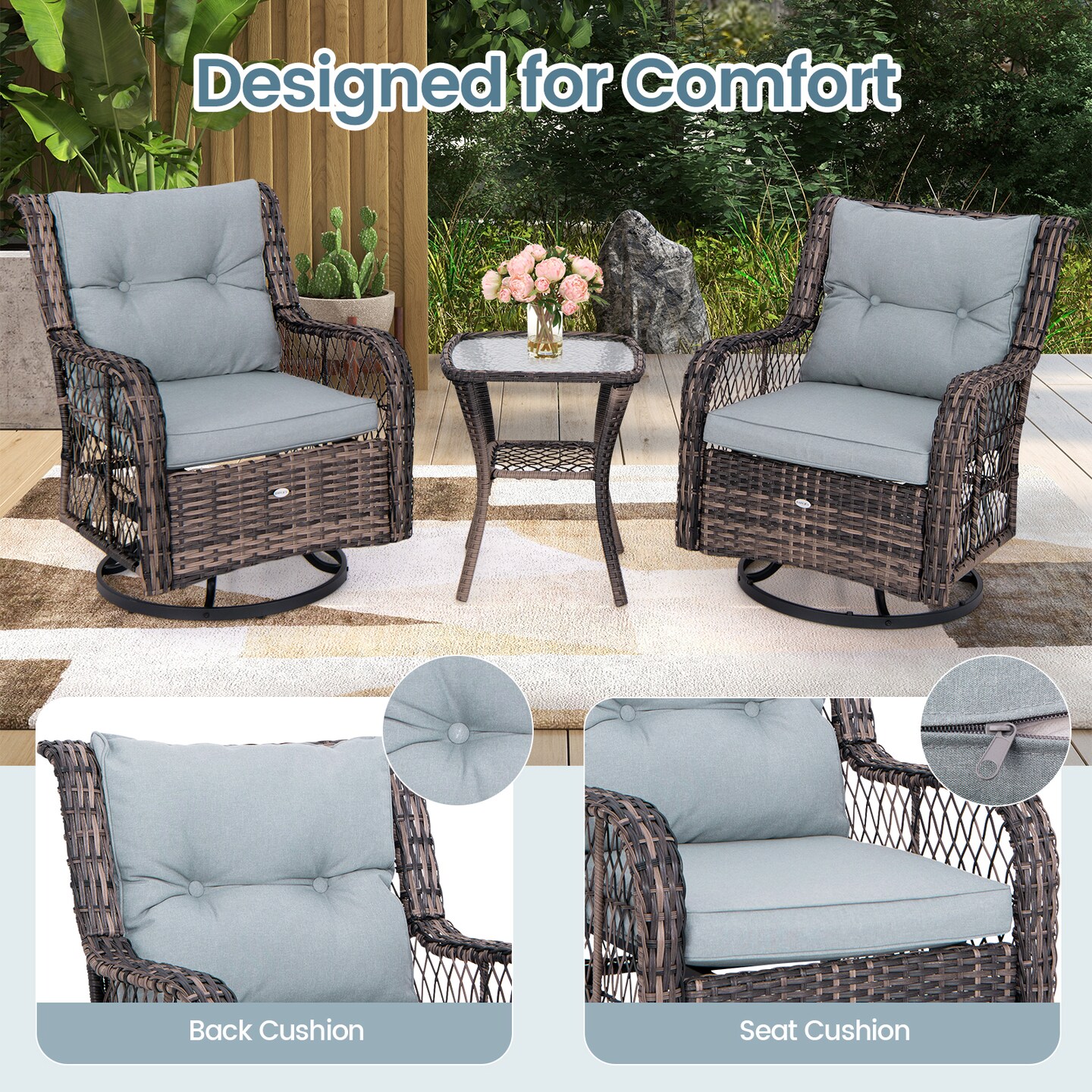 Garden Rocker Chairs Set of 2 Swivel Wicker Patio Furniture Set with Coffee Table
