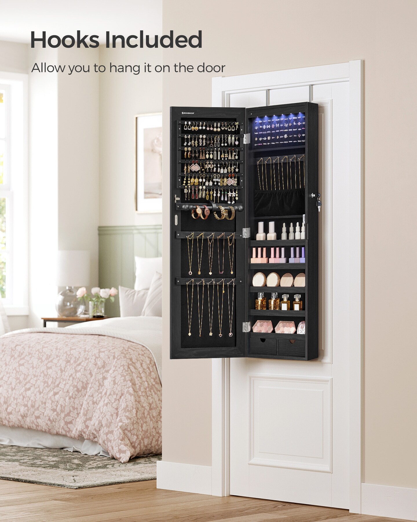 Wall-Mounted Jewelry Cabinet with Full-Length Frameless Mirror, Lockable Storage Organizer with LED Lights for Jewelry, Accessories, and Daily Use (Home & Bedroom Storage)