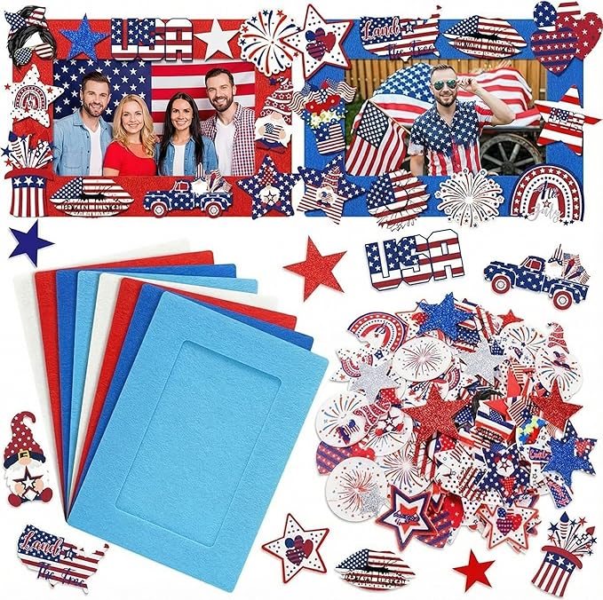 262 Pcs 4th of July DIY Picture Frame Kit – 32 Patriotic 250th Anniversary Felt Photo Frames with 230 Star Stickers – Independence Day Crafts for Kids – Bulk Memorial Day & Veterans Day Classroom Activities – Sestercentennial Keepsake Decor