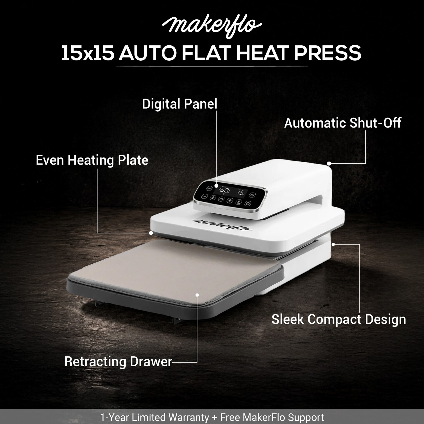 MakerFlo Automatic Heat Press Machine – 15" x 15" Auto Open Heat Press for Sublimation, DTF, HTV & Clothing/Mug Transfers – Even Heating Plate, Slide-Out Tray & Digital Controls for Crafting