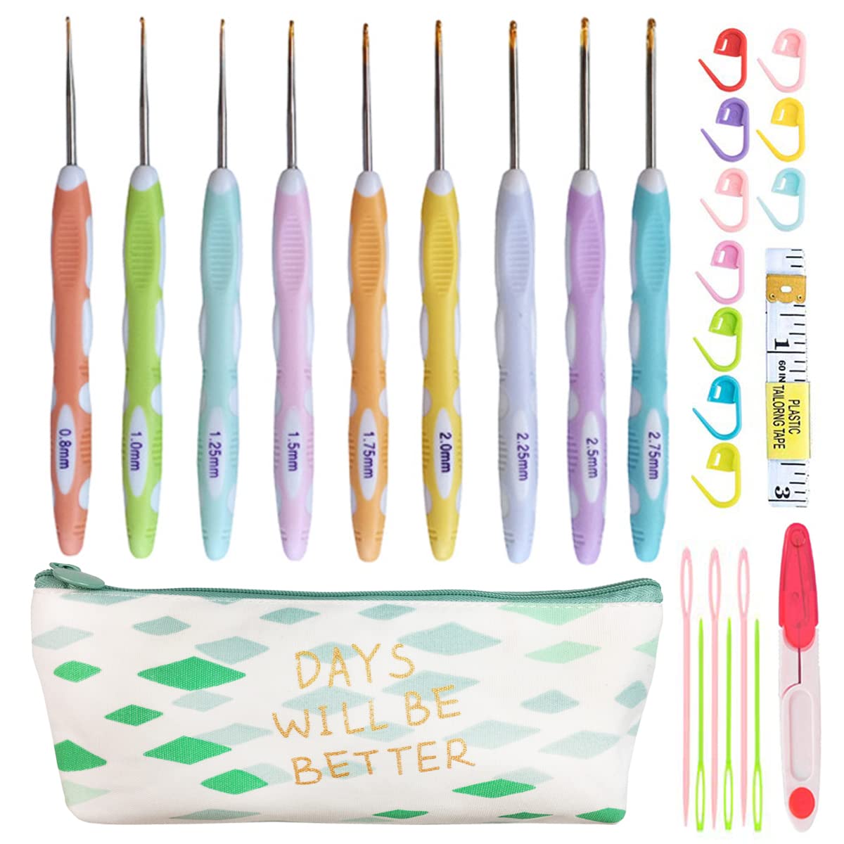 Latest Set of 27 PCS Small Size Crochet Hook Set with Case,Ergonomic Handle Crochet Hook Needles for Arthritic Hands, Thread Crochet Steel Lace Hooks Size 0.8mm to 2.75mm