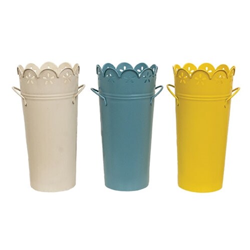 Michaels, Metal Scalloped Flower Planter Tapered Lace Cutout Spring Decor Cream Teal Yellow- 3 Asstd. – Category: Spring Vases, Containers and Hangers