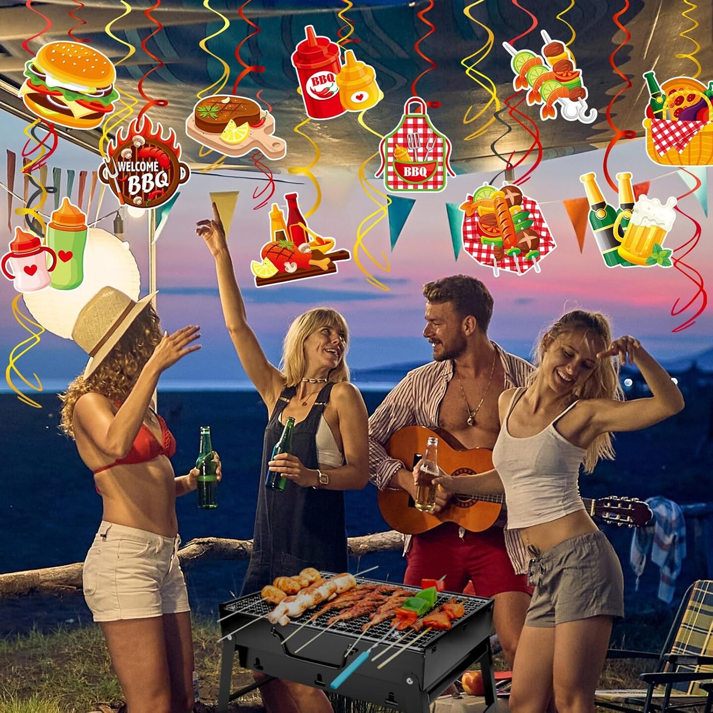 30-Piece Summer BBQ Picnic Hanging Swirl Decorations | Foil Ceiling Danglers for Baby Q Birthday, Barbecue Baby Shower & Carnival Party Supplies