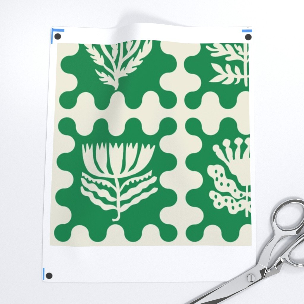 Folk Art Scandi Floral Nature Botanical Boho Scandinavian Leaf Maximalist Green Wavy Lines Grid Patchword Flowers Garden Bohemian Eclectic Custom Printed Fabric by Spoonflower Various Fabrics by the Yard or Fat Quarter