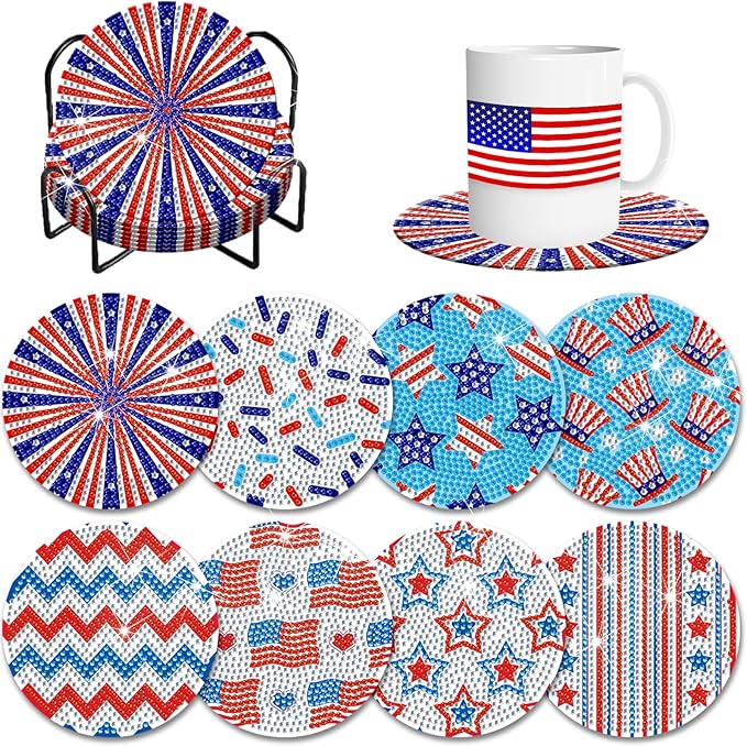 8 Pieces Patriotic Diamond Coasters with Holder DIY Cute 4th of July Diamond Art Coasters 5d Independence Day 5d Diamond Coasters for Beginners Adults Art Craft Supplies Gift