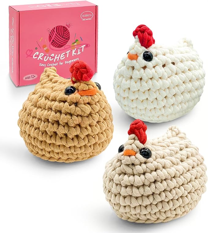 Crochet Kit for Beginners with Step-by-Step Video Tutorials, Starter Crochet Chickens Amigurumi Kit for Teens & Women - Easy DIY Handcraft Knitting Animal Kit - Learn to Crocheting (3 Chickens)