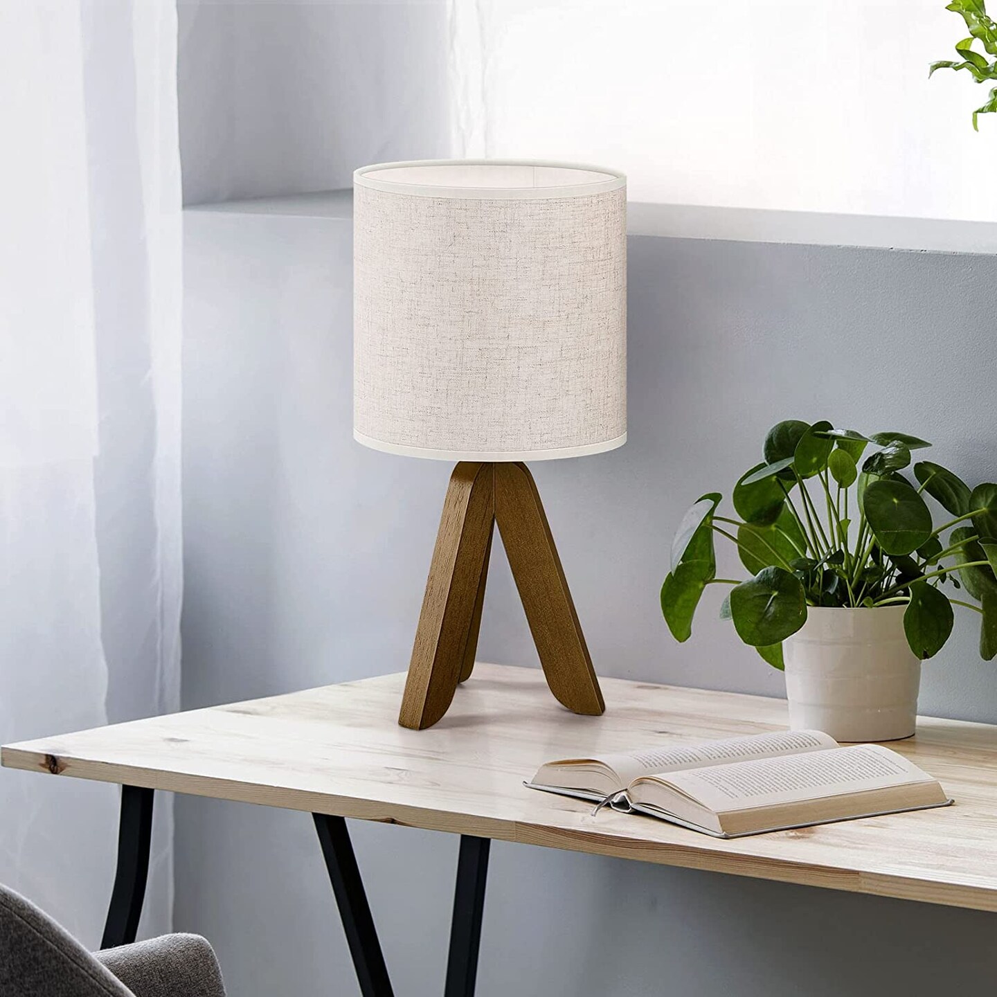 Eye-Friendly Linen Shade Tripod Lamp, Natural Wood Bedside Night Lamp With Inline Push ON/OFF Switch