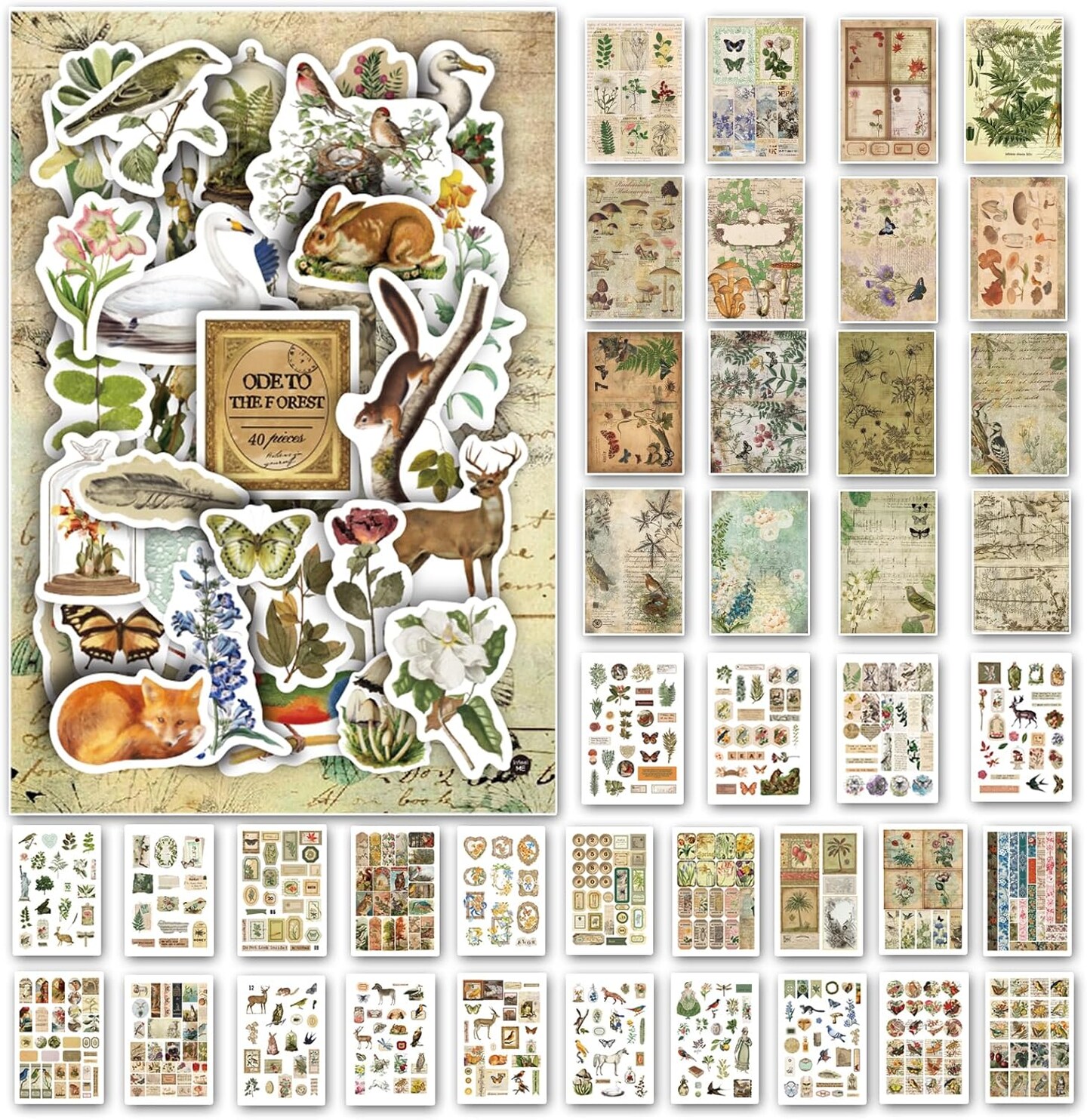 Vintage Aesthetic Washi Stickers & Ephemera Book – 40 Sheets Forest Nature Scrapbooking Paper Set with Animal & Botanical Designs for Journaling, Junk Journals & DIY Crafts