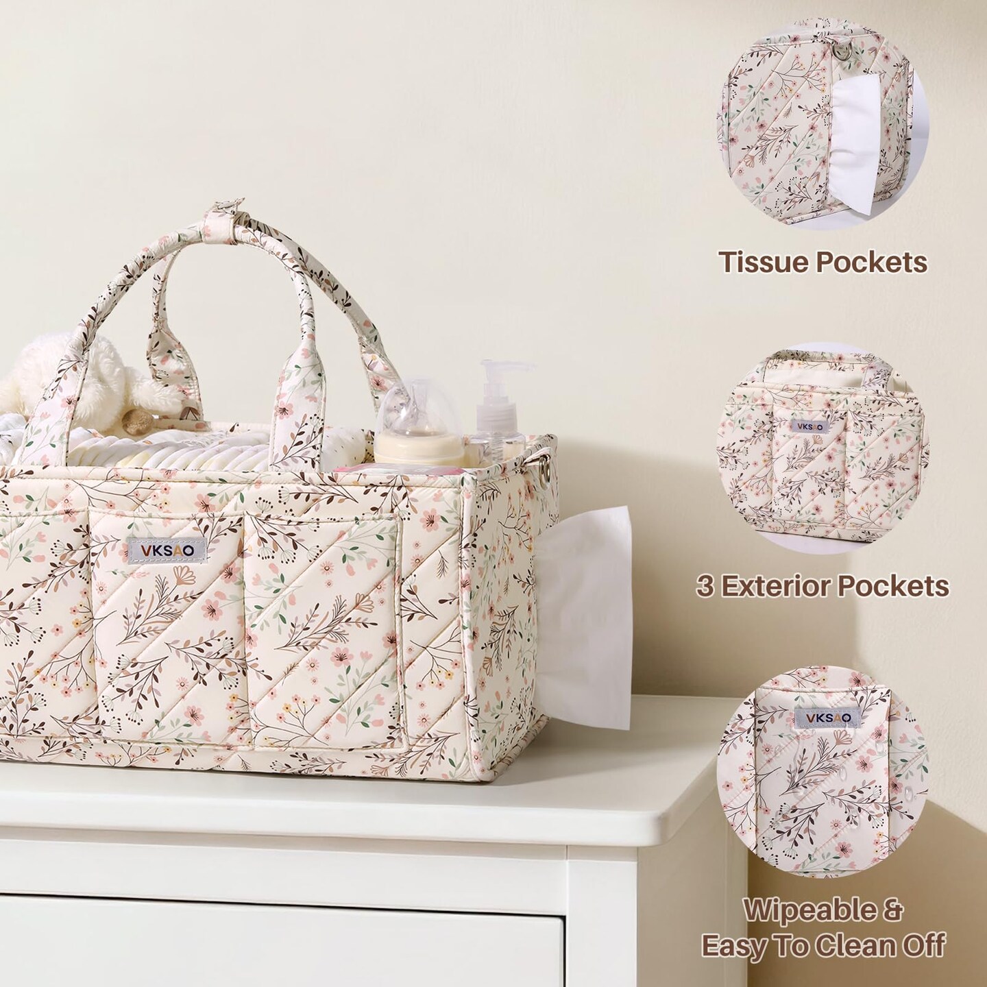 Baby Essentials Cute Floral Diaper Caddy Organizer – Portable Storage Basket with Shoulder Strap & Stroller Hooks, Splashproof Quilted Nursery & Car Tote for Baby Shower, Beige Floral