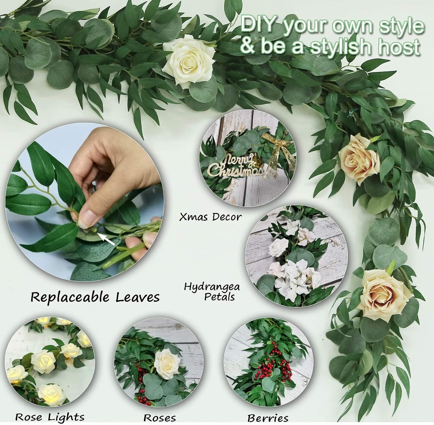 2 Pack Artificial Eucalyptus Garland 6.5 Feet Faux Greenery Garland for Wedding Mantle Table Runner Baby Shower Decor