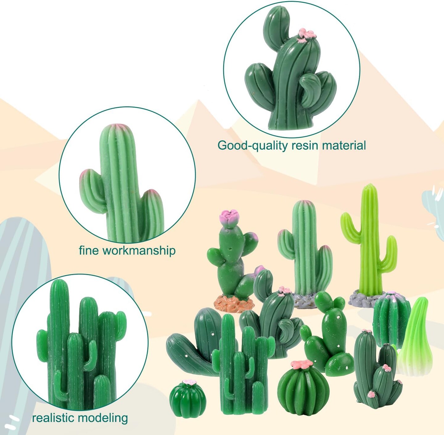 36 Pcs Mini Resin Cactus Set – 12 Styles Cute Miniature Artificial Succulent Figurines for Small Potted Plants, Garden, Bonsai, Terrarium & DIY Micro Landscape Decor