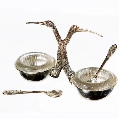 Stork Salt and Pepper Cellar Glass Inserts Silver Spoons Tabletop Serveware