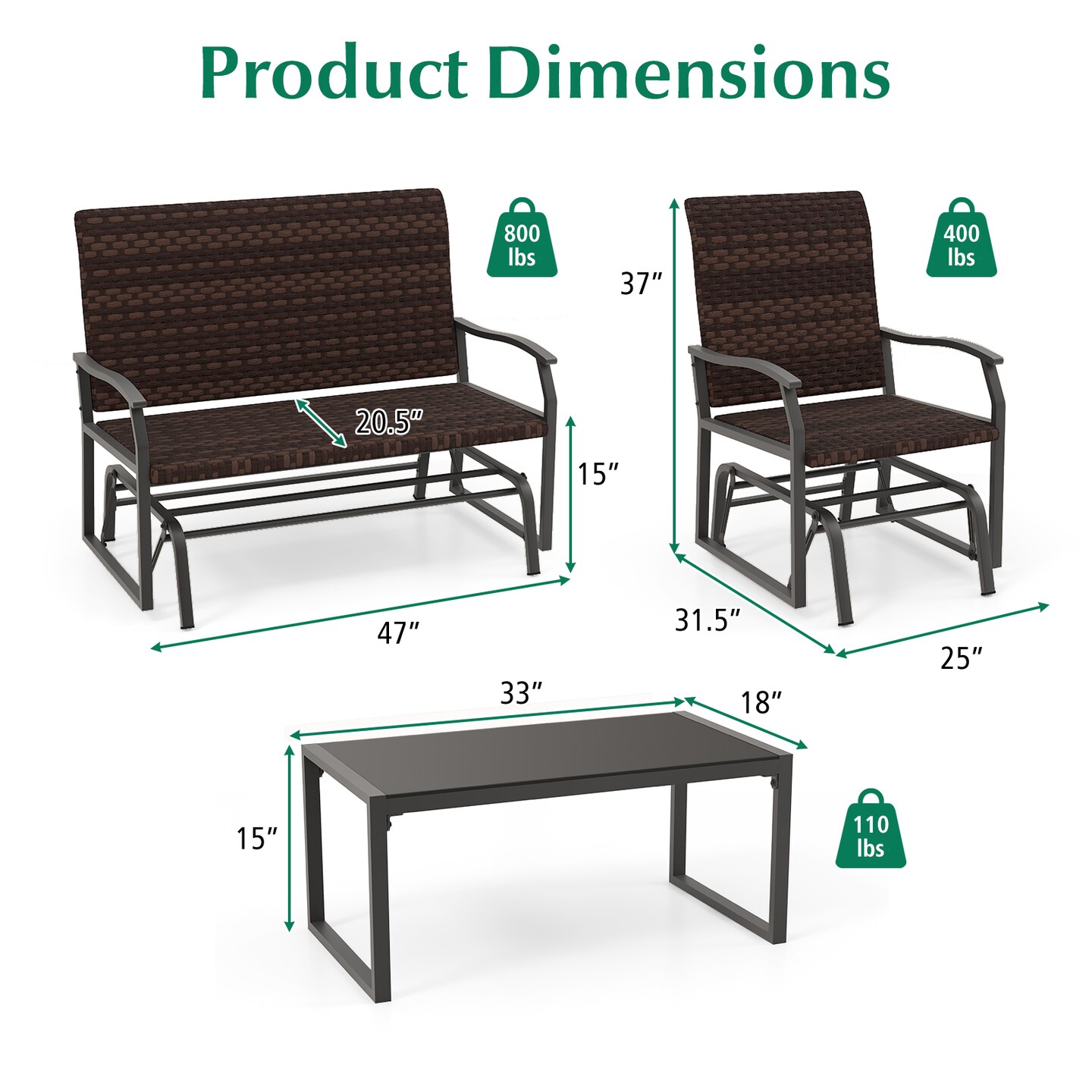 Outdoor Gliding Patio Furniture Set 4 Piece Wicker Sofa Set with Glass Top Coffee Table