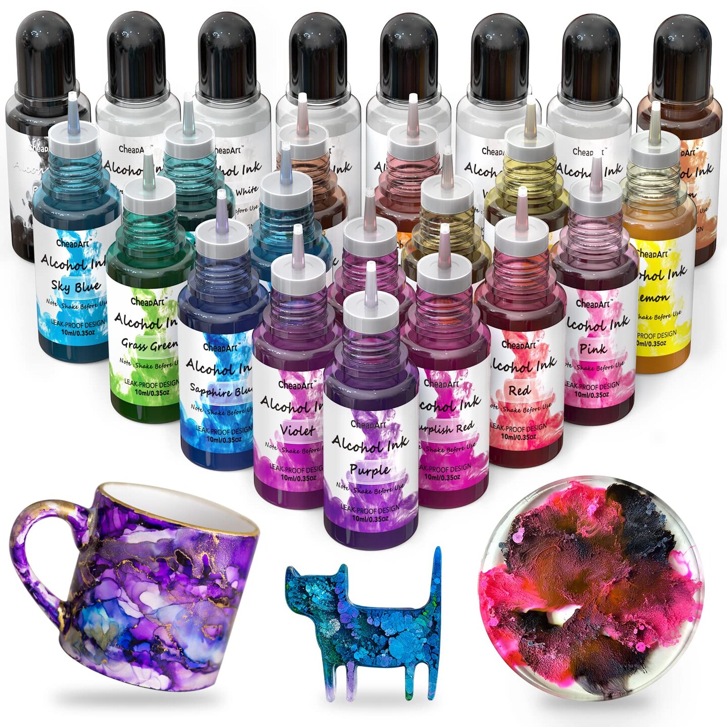 Alcohol Ink Set 24 Vibrant Colors Resin Dye High Concentrated Fast Drying Alcohol Based Epoxy Resin Pigment Resin Art Tumblers Coaster Acrylic Fluid Painting Crafts (24x10ml/0.35 fl oz)