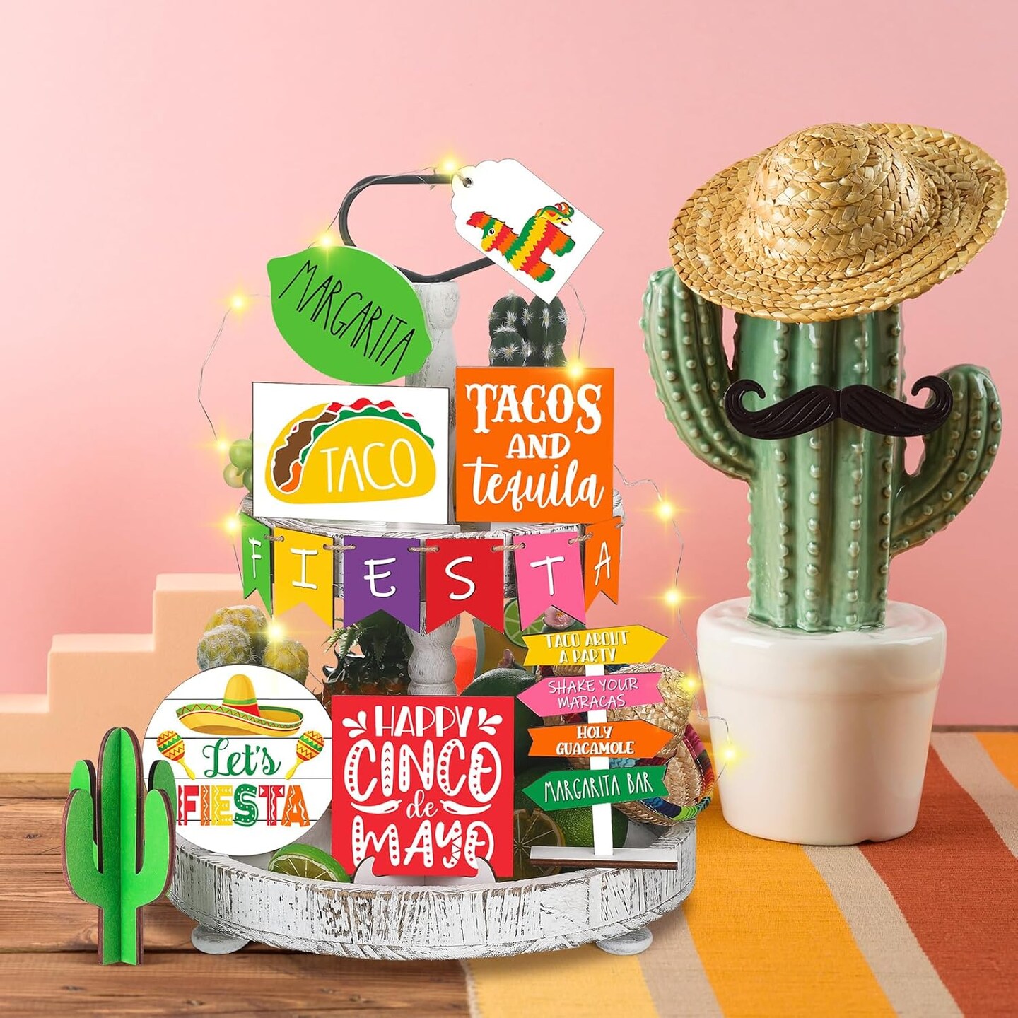 16 Pcs Cinco de Mayo Tiered Tray Decor Set – Mexican Wooden Farmhouse Signs with Taco, Cactus, Sombrero, Rainbow Donkey & Fiesta Blocks – Summer Party Table & Kitchen Shelf Decorations – Perfect for Mother's Day Card Making Displays
