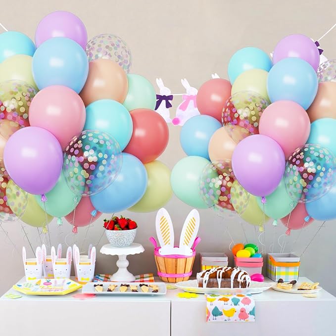60 Pack Pastel Balloons (12 Inch) – Macaron Pink, Blue, Purple & Yellow Latex Balloons with Colorful Confetti – Easter 2026 & Spring Party Decorations – Sweet One Birthday, Baby Shower & Bridal Shower Supplies – Thickened Helium Grade Balloon Set