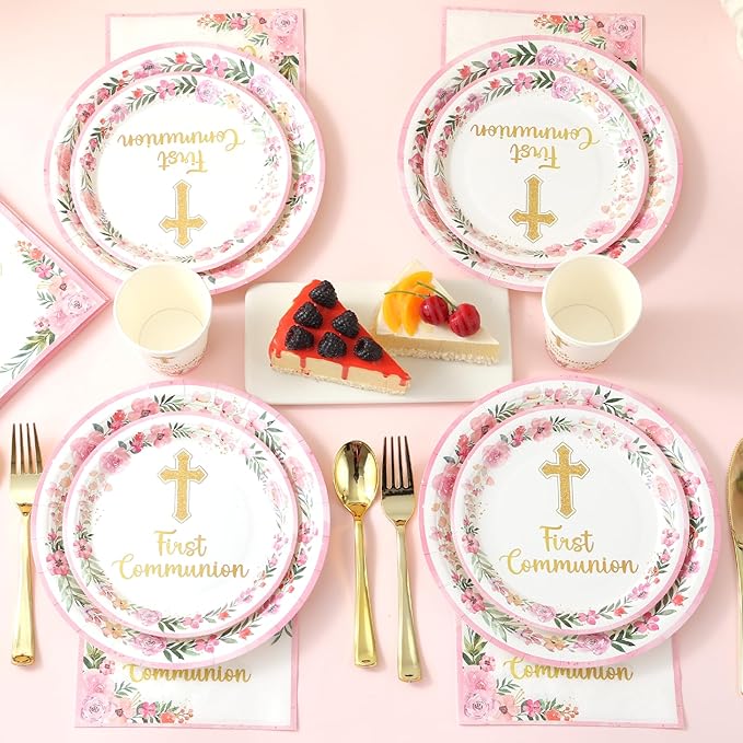 175 PCS First Communion Decorations for Girls - Pink First Communion Paper Plates and Napkins Party Supplies Serves 25 - God Bless Disposable Plate for Baby Shower Baptism Party Decorations