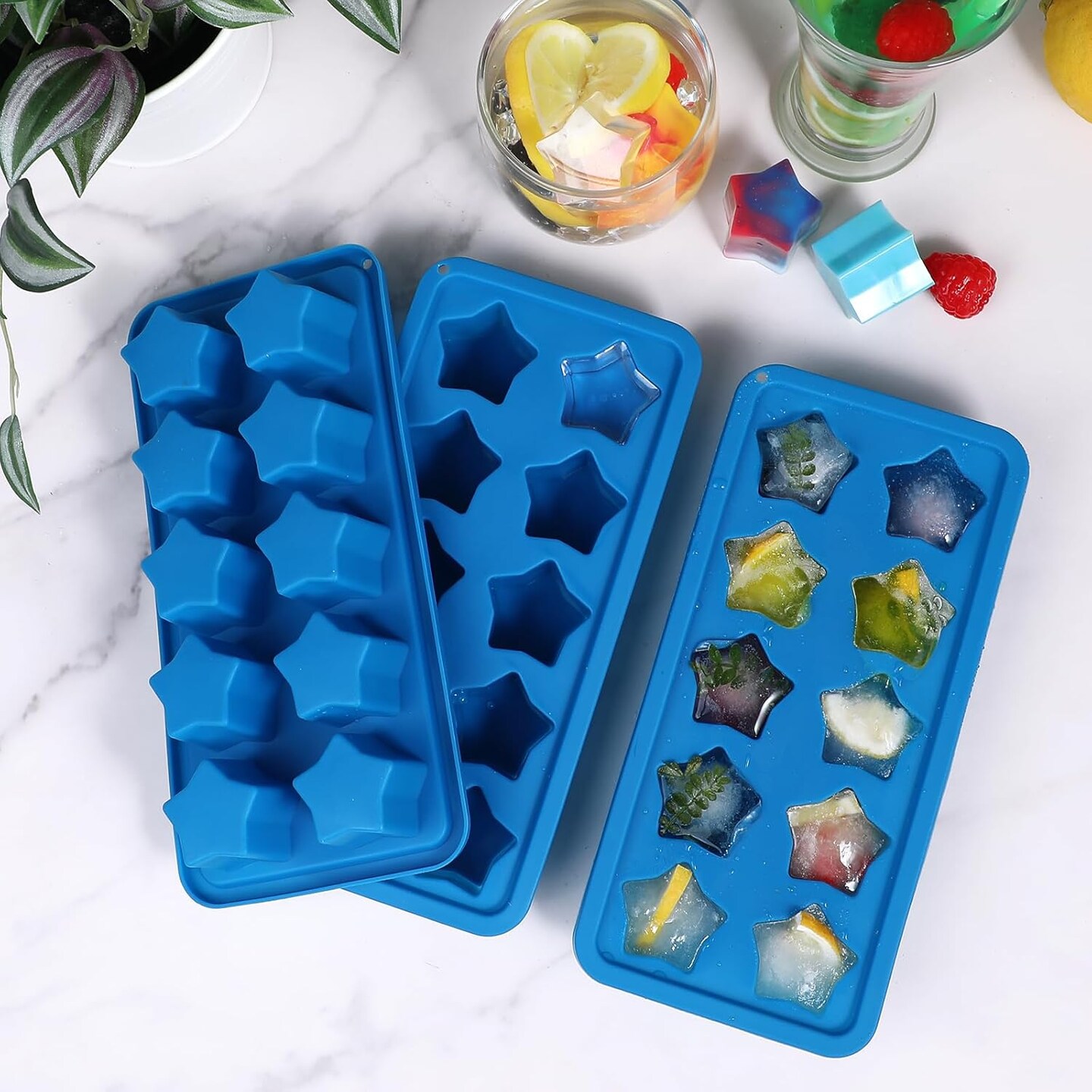 Star-Shaped Silicone Ice Cube Trays – Pack of 3, Easy-Release Molds for Whiskey, Cocktails, Jelly, and Crayons, Blue