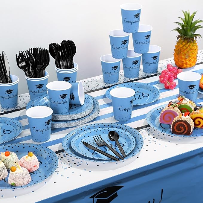 350pcs Class of 2026 Graduation Plates and Napkins Set, Disposable Paper Plate Set Polka Dots Plates Napkins Cups Knife Fork Spoon for Graduation Party Decorations and Supplies,Serve 50(Light Blue)