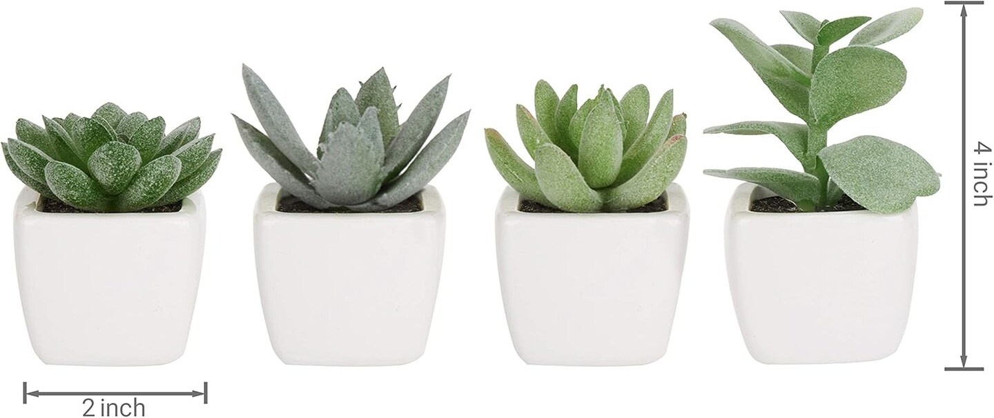 Set of 4 Mini Artificial Succulent Plants in Square White Ceramic Pots – Faux Green Succulents with Moss Soil for Home, Office, Desk, Shelf & Tabletop Decor