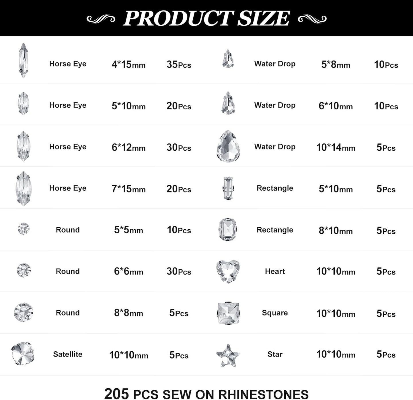 205PCS Sew-On Rhinestones – Mixed Shape Glass Crystal Gems with Silver Claw, Flatback for Jewelry, Crafts, Clothing, Shoes & Costume Decoration