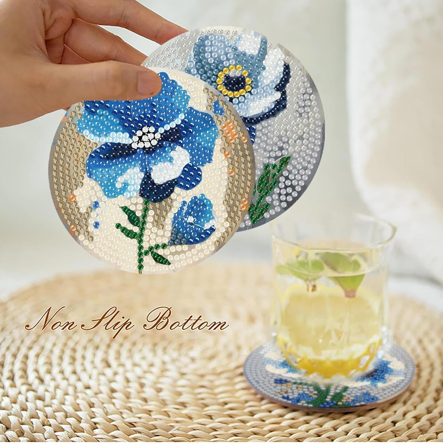 8-Piece Floral Diamond Painting Coaster Set with Holder – DIY Diamond Art Kit for Adults & Beginners, Small Decorative Flower Coasters, Craft Kit for Women