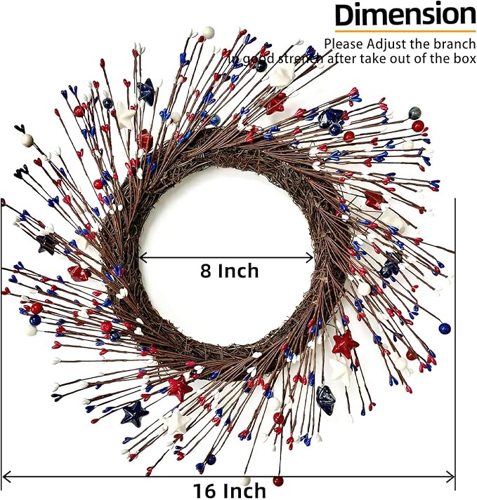 16 Inch 4th of July Patriotic Wreath, Red White Blue Stars & Sprouts Front Door Wreath for Independence Day, Memorial Day, Veterans Day, Flag Day & Summer Decorations