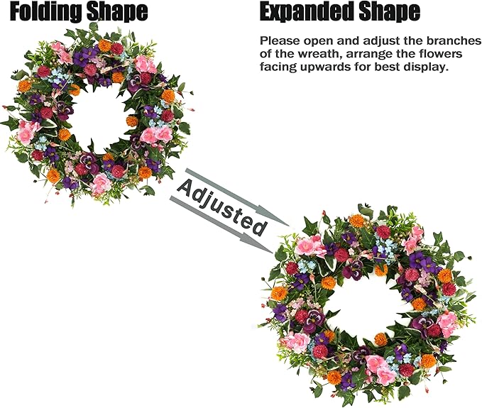 Spring Summer Wreaths for Front Door Pansy Wreath with Pink Cherry Blossoms,Small Ball Bhrysanthemum for Indoor Outdoor Farmhouse Home Porch Wall Window Festival Wedding Decor