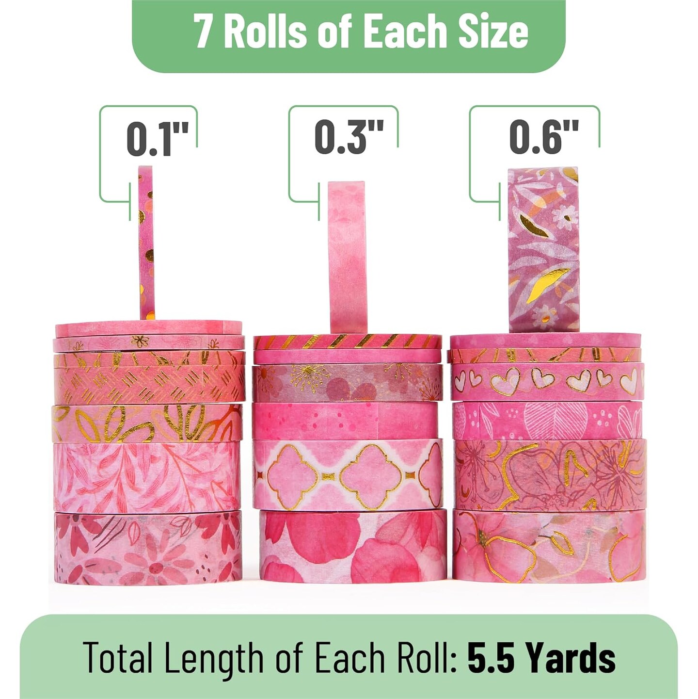 Washi Tape Set 21 Rolls, Assorted Sizes, 5.5 Yards Each, Decorative Craft & Journal Tape