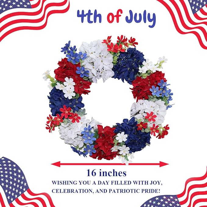 16" Patriotic Silk Hydrangea Wreath - Red, White, and Blue Americana Decor for Front Door - All-Weather Artificial Floral Wreath with Green Leaves for Memorial Day and 4th of July