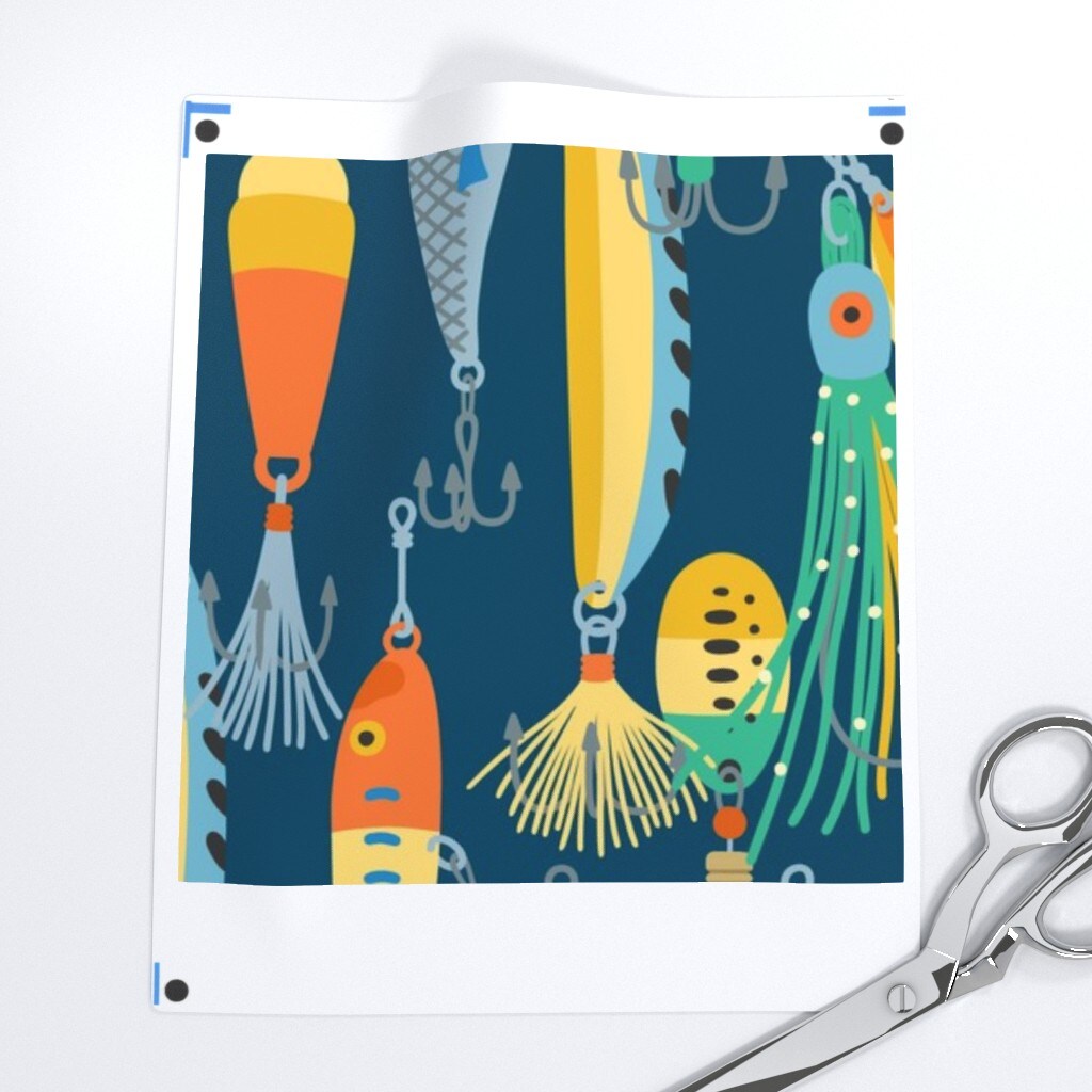 Fishing Dark Blue Bait Tackle Outdoor Custom Printed Fabric by Spoonflower Various Fabrics by the Yard or Fat Quarter