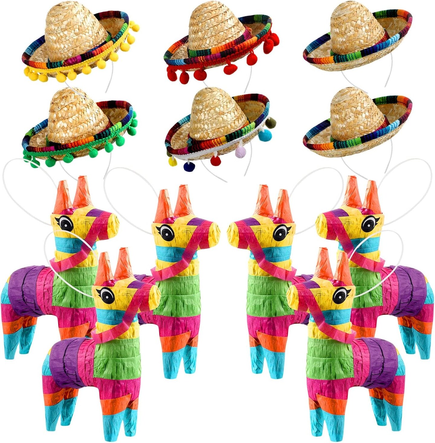 6 Pieces Mini Rainbow Donkey Pi&#xF1;ata 4 x 7 Inch and 6 Pieces Sombrero Hat headbands for Cinco De Mayo Mexican Decorations Carnivals Festivals Taco Tuesday Event Fiesta Supplies(Classic Style)
