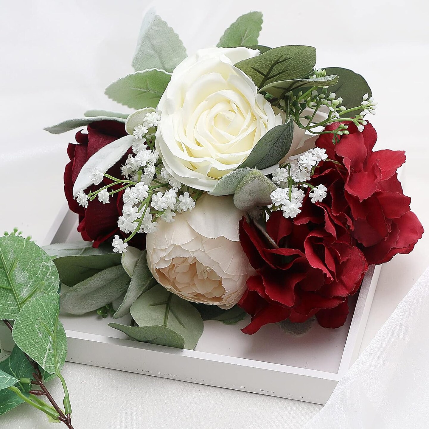 Set of 6 Artificial Bridesmaid Bouquets – Burgundy & White Silk Rose Wedding Bouquets, 7 Inch Faux Floral Arrangements for Bridal Shower, Wedding, Anniversary & Ceremony Decor