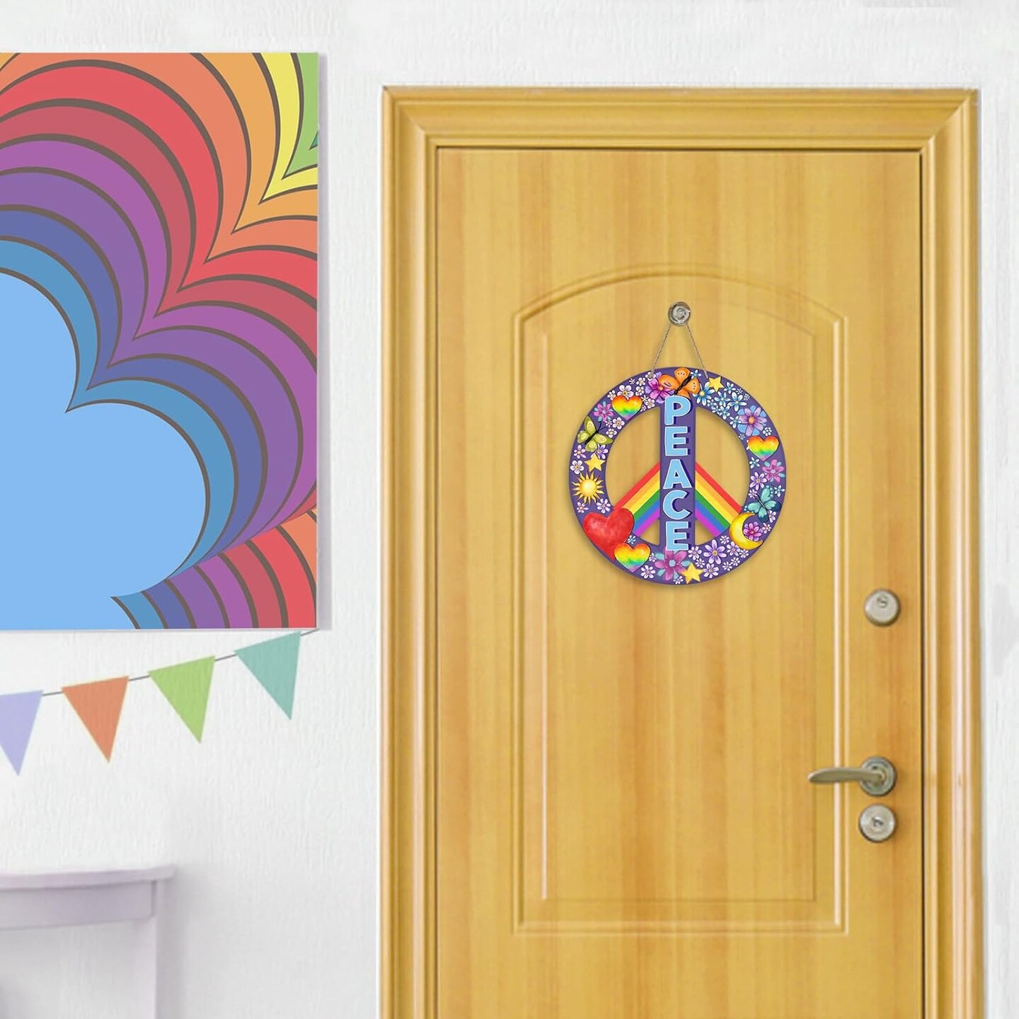 World Peace Love Heart Front Door Sign, Rainbow Pride Month Wood Door Hanger Outdoor Outside Porch Decor, Flower Butterfly Wooden Wreath Indoor Wall Hanging Decoration